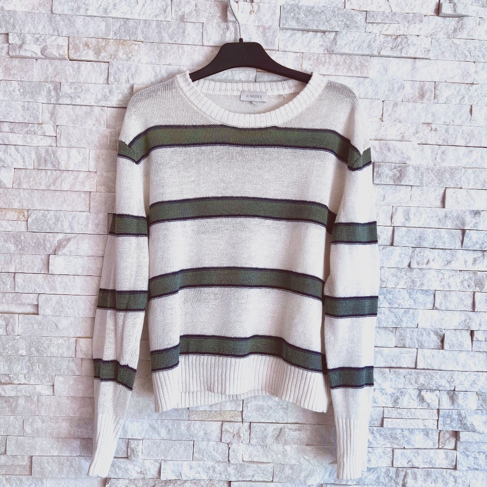 Kinross Linen Crewneck Sweater - white with green stripes. NWOT